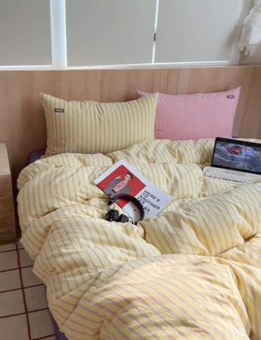 91家纺网 家纺一手货源 找家纺 玛奇朵 2024新款多巴胺INS博主同款全棉色织条纹混搭-布拉格 布拉格-黄