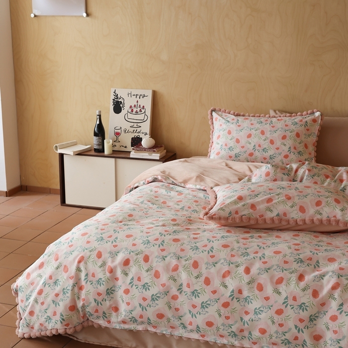 91家纺网 家纺一手货源 找家纺 棉眠 2024新款AB版毛球款棉加绒四件套 粉荔枝（棉加绒）