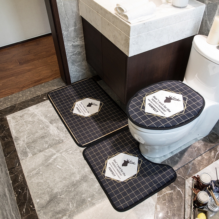 91家纺网 家纺一手货源 找家纺 爵仕家纺 2024新款网销款卫浴三件套地垫马桶盖 黑格鹿