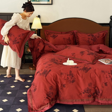 91家纺网 家纺一手货源 找家纺 由丽家纺 2025新款数码印花四件套-婚嫁系列 烟洛-红