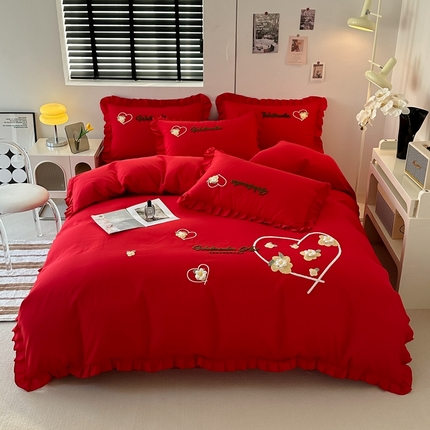 91家纺网 家纺一手货源 找家纺 （总）金米诺 2024新款水洗磨毛花边四件套夏被四件套-蜜恋