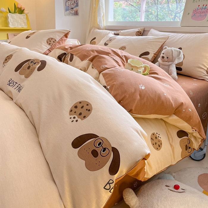 91家纺网 家纺一手货源 找家纺 雅居纺 2024新款高密全棉13070印花四件套 曲奇小狗