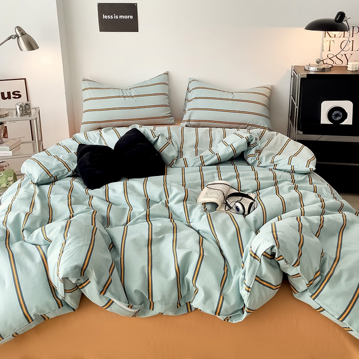 91家纺网 家纺一手货源 找家纺 梦家居 2024新款春季新品北欧简约风四件套 蓝桔宽条