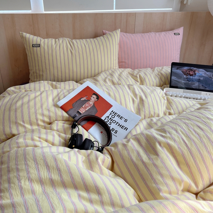 91家纺网 家纺一手货源 找家纺 玛奇朵 2024新款多巴胺INS博主同款全棉色织条纹混搭-布拉格 布拉格-黄