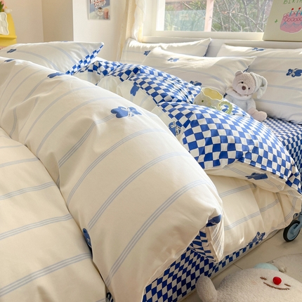 雅居纺 2024新款高密全棉13070印花四件套 竖条小熊