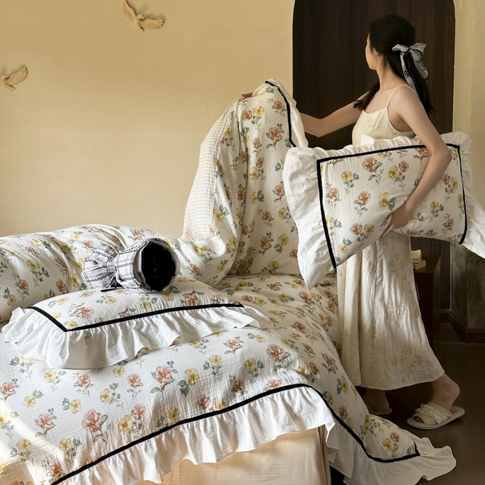 91家纺网 家纺一手货源 找家纺 玛奇朵 2024新款法式复古全棉A类双层皱纱-班娜花园 班娜花园-米