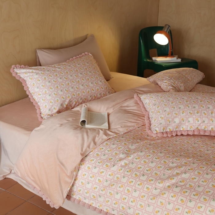 91家纺网 家纺一手货源 找家纺 棉眠 2024新款AB版毛球款棉加绒四件套 蜜夏红（棉加绒）