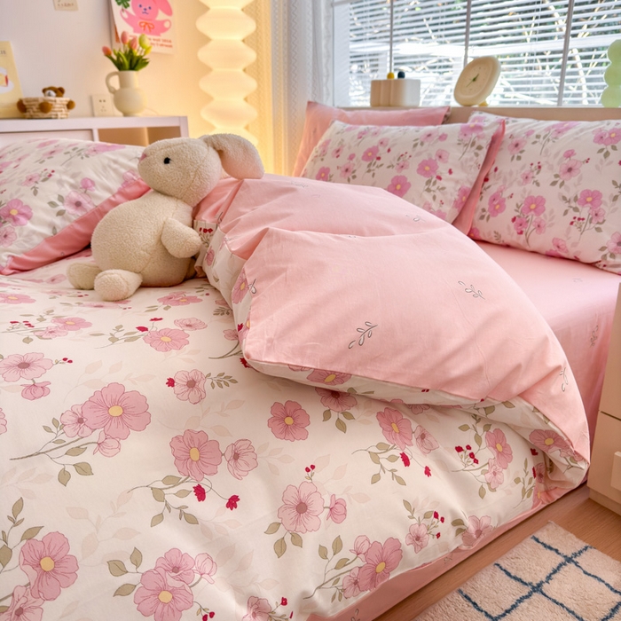 91家纺网 家纺一手货源 找家纺 清雅福 2024新款全棉13372小清新四件套-第三季 花漫蹊粉