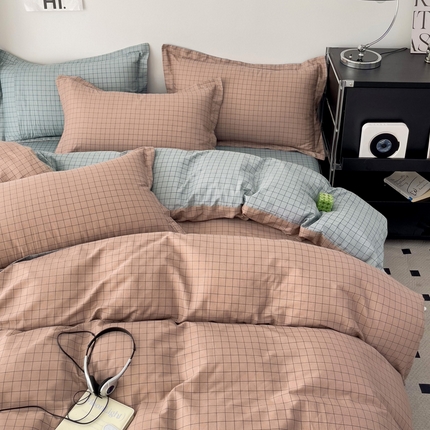 盛馨家纺 2024新款全棉高支高密精梳棉北欧绅士风四件套纯棉床笠格子条纹三件套 淑女阁