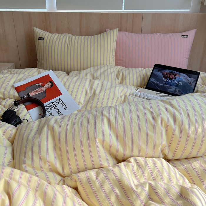 91家纺网 家纺一手货源 找家纺 玛奇朵 2024新款多巴胺INS博主同款全棉色织条纹混搭-布拉格 布拉格-黄