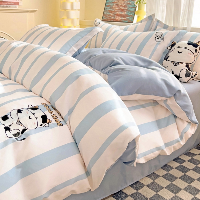 91家纺网 家纺一手货源 找家纺 娜娜 2024新款磨毛水洗棉刺绣四件套 	 牛牛怪-蓝