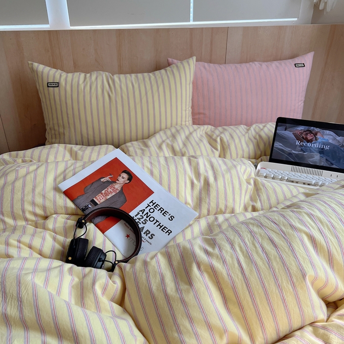 91家纺网 家纺一手货源 找家纺 玛奇朵 2024新款多巴胺INS博主同款全棉色织条纹混搭-布拉格 布拉格-黄