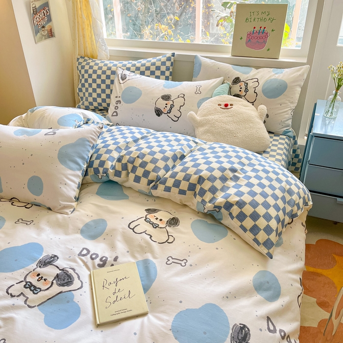 91家纺网 家纺一手货源 找家纺 雅居纺 2024新款高密全棉13070印花四件套 欢乐小狗