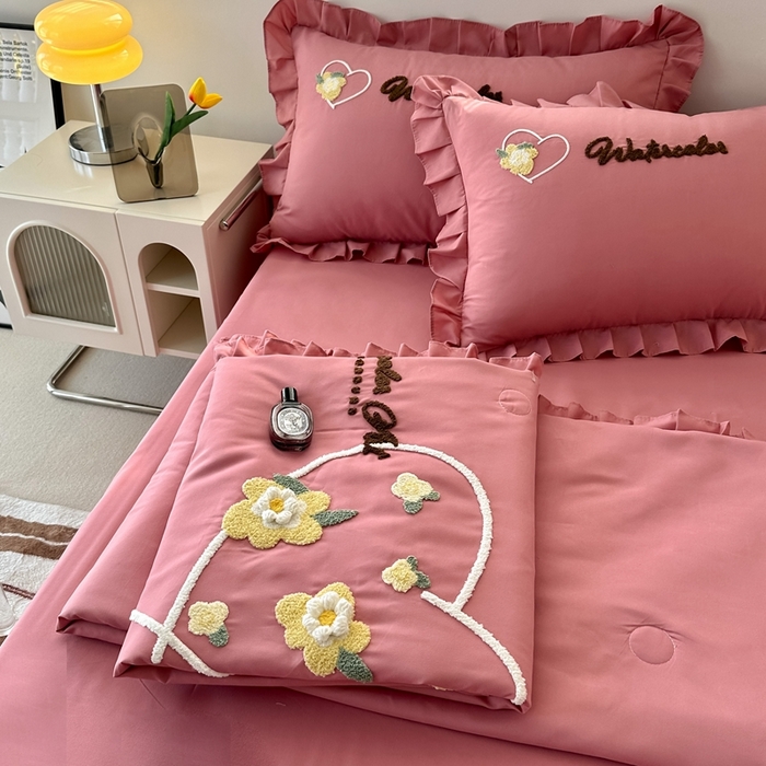 91家纺网 家纺一手货源 找家纺 金米诺 2024新款水洗磨毛花边四件套夏被四件套-蜜恋 蜜恋-豆沙