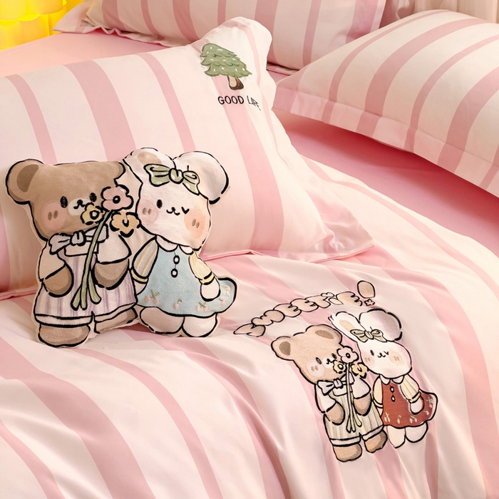 91家纺网 家纺一手货源 找家纺 娜娜 2024新款磨毛水洗棉刺绣四件套 	 快乐伙伴-粉