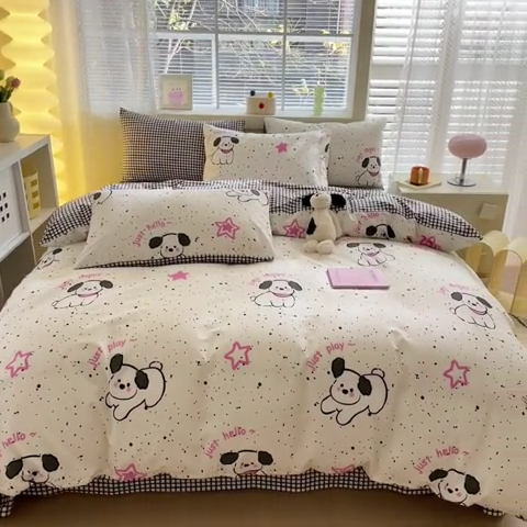 91家纺网 家纺一手货源 找家纺 清雅福 2024新款全棉13372小清新四件套-第三季 布丁狗