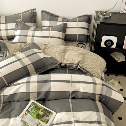 盛馨家纺 2024新款全棉高支高密精梳棉北欧绅士风四件套纯棉床笠格子条纹三件套 时尚空间
