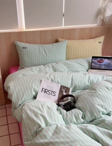 91家纺网 家纺一手货源 找家纺 玛奇朵 2024新款多巴胺INS博主同款全棉色织条纹混搭-布拉格 布拉格-绿