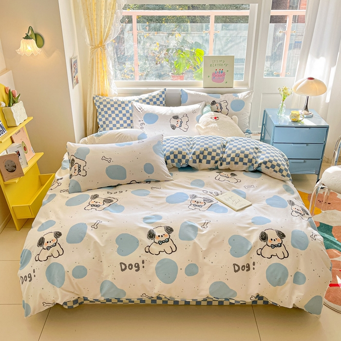 91家纺网 家纺一手货源 找家纺 雅居纺 2024新款高密全棉13070印花四件套 欢乐小狗