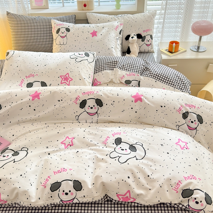 91家纺网 家纺一手货源 找家纺 清雅福 2024新款全棉13372小清新四件套-第三季 布丁狗