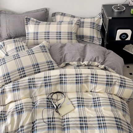 91家纺网 家纺一手货源 找家纺 （总）盛馨家纺 2024新款全棉高支高密精梳棉北欧绅士风四件套纯棉床笠格子条纹三件套