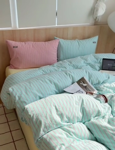 91家纺网 家纺一手货源 找家纺 玛奇朵 2024新款多巴胺INS博主同款全棉色织条纹混搭-布拉格 布拉格-蓝