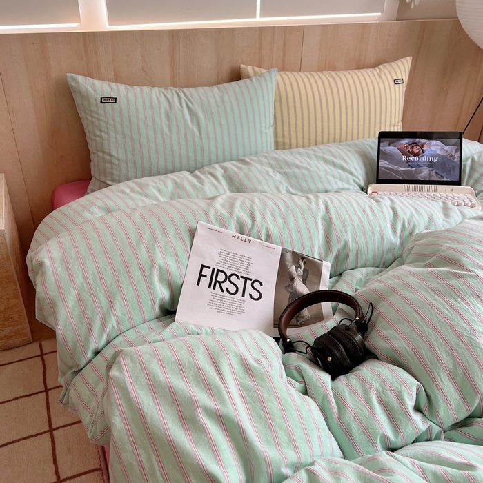 91家纺网 家纺一手货源 找家纺 玛奇朵 2024新款多巴胺INS博主同款全棉色织条纹混搭-布拉格 布拉格-绿