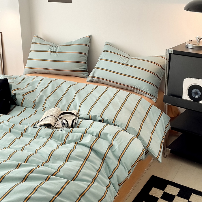 91家纺网 家纺一手货源 找家纺 梦家居 2024新款春季新品北欧简约风四件套 蓝桔宽条