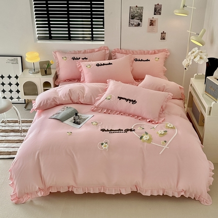 91家纺网 家纺一手货源 找家纺 （总）金米诺 2024新款水洗磨毛花边四件套夏被四件套-蜜恋