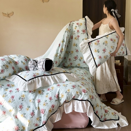 玛奇朵 2024新款法式复古全棉A类双层皱纱-班娜花园 班娜花园-蓝