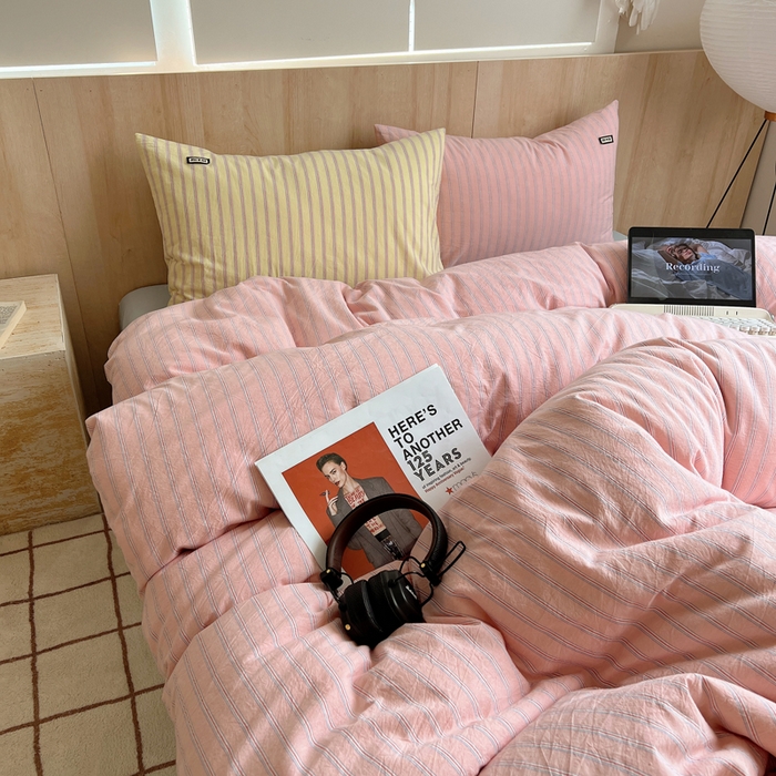 91家纺网 家纺一手货源 找家纺 玛奇朵 2024新款多巴胺INS博主同款全棉色织条纹混搭-布拉格 布拉格-粉