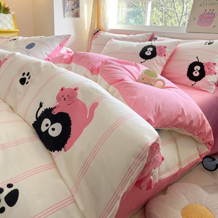 雅居纺 2024新款高密全棉13070印花四件套 煤球猫咪