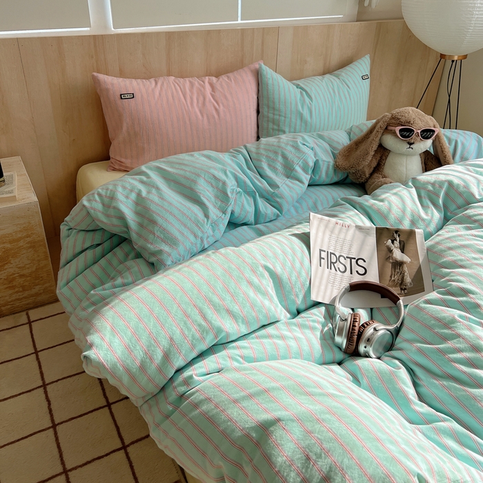 91家纺网 家纺一手货源 找家纺 玛奇朵 2024新款多巴胺INS博主同款全棉色织条纹混搭-布拉格 布拉格-蓝