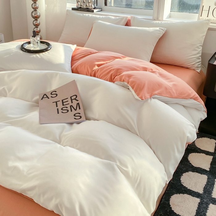 91家纺网 家纺一手货源 找家纺 芷凡家纺 2024新款亲肤棉纯色双拼四件套 奶白+果冻橙