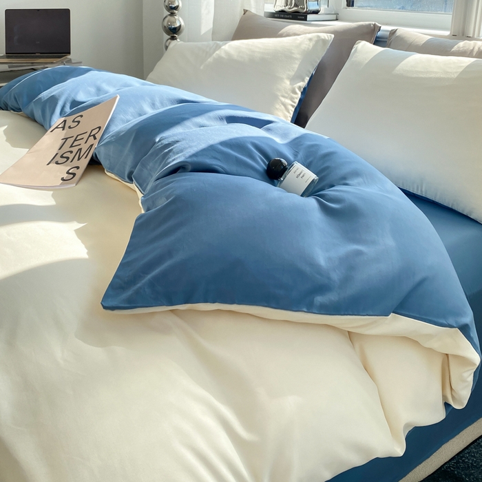 91家纺网 家纺一手货源 找家纺 芷凡家纺 2024新款亲肤棉纯色双拼四件套 米白+牛仔蓝