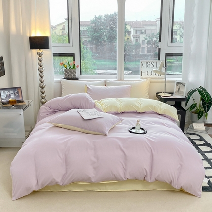 91家纺网 家纺一手货源 找家纺 芷凡家纺 2024新款亲肤棉纯色双拼四件套 丁香紫+奶黄