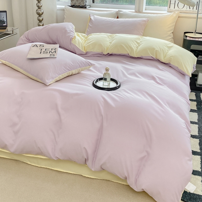 91家纺网 家纺一手货源 找家纺 芷凡家纺 2024新款亲肤棉纯色双拼四件套 丁香紫+奶黄