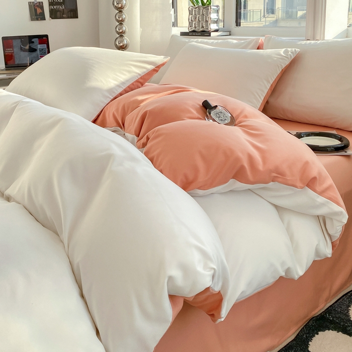 91家纺网 家纺一手货源 找家纺 芷凡家纺 2024新款亲肤棉纯色双拼四件套 奶白+果冻橙