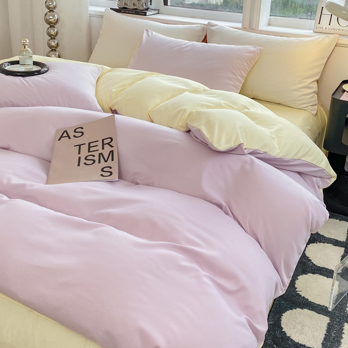 91家纺网 家纺一手货源 找家纺 芷凡家纺 2024新款亲肤棉纯色双拼四件套 丁香紫+奶黄