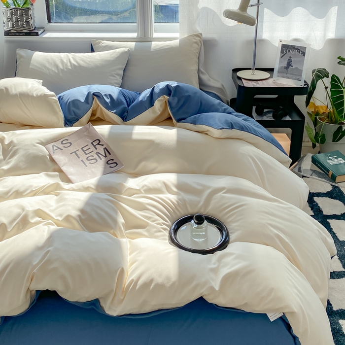 91家纺网 家纺一手货源 找家纺 芷凡家纺 2024新款亲肤棉纯色双拼四件套 米白+牛仔蓝