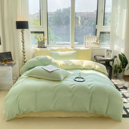 91家纺网 家纺一手货源 找家纺 芷凡家纺 2024新款亲肤棉纯色双拼四件套 浅绿+奶黄