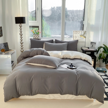 91家纺网 家纺一手货源 找家纺 芷凡家纺 2024新款亲肤棉纯色双拼四件套 银灰+米白