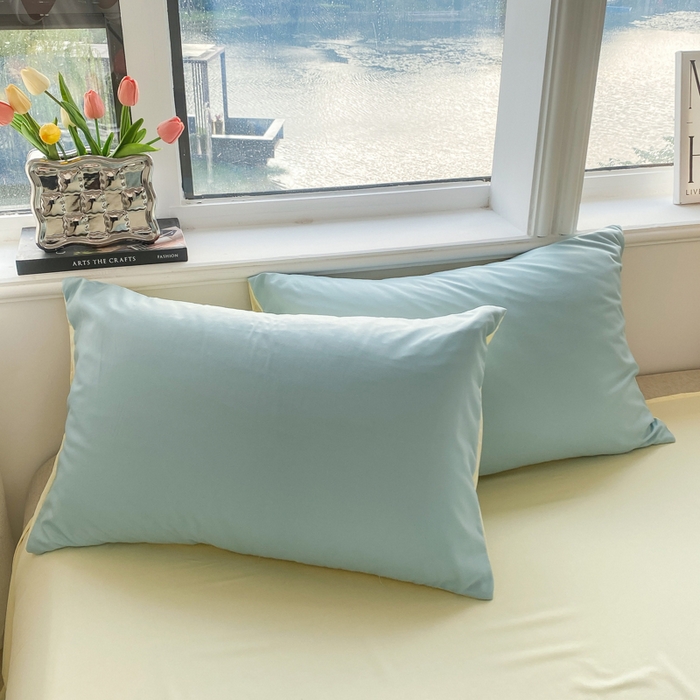 91家纺网 家纺一手货源 找家纺 芷凡家纺 2024新款亲肤棉纯色双拼四件套 蓝灰+奶黄