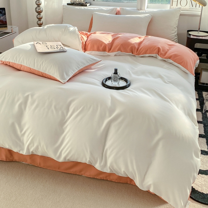91家纺网 家纺一手货源 找家纺 芷凡家纺 2024新款亲肤棉纯色双拼四件套 奶白+果冻橙