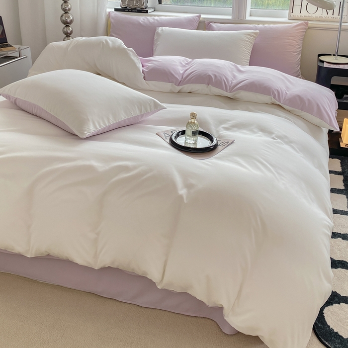 91家纺网 家纺一手货源 找家纺 芷凡家纺 2024新款亲肤棉纯色双拼四件套 奶白+丁香紫