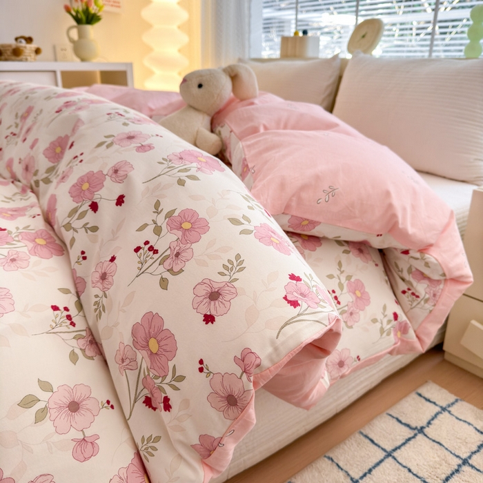 91家纺网 家纺一手货源 找家纺  清雅福 2024新款全棉13372小清新单被套系列第三季 花漫蹊粉