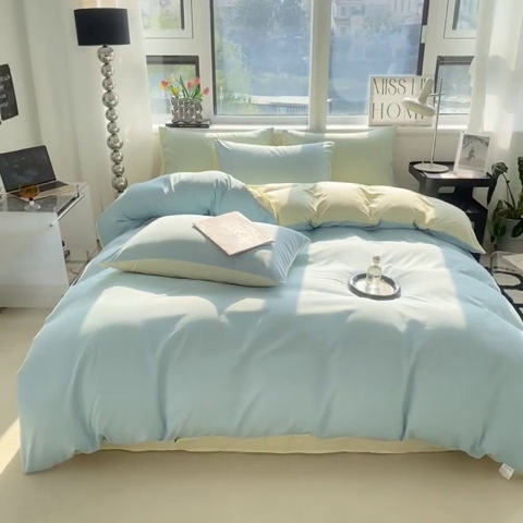 91家纺网 家纺一手货源 找家纺 芷凡家纺 2024新款亲肤棉纯色双拼四件套 蓝灰+奶黄