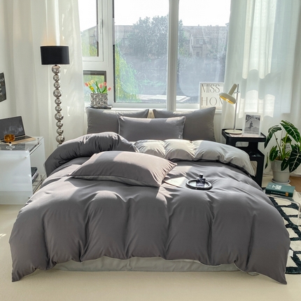 91家纺网 家纺一手货源 找家纺 芷凡家纺 2024新款亲肤棉纯色双拼四件套 深灰+浅灰