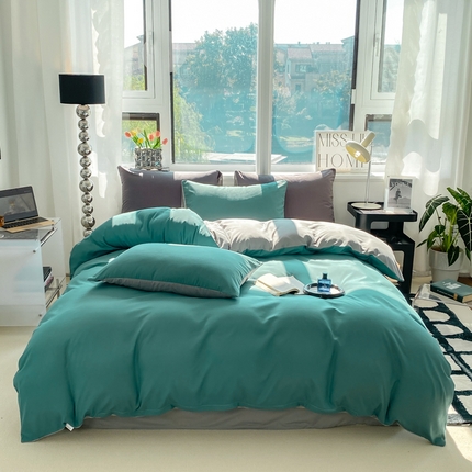 91家纺网 家纺一手货源 找家纺 芷凡家纺 2024新款亲肤棉纯色双拼四件套 时尚绿+浅灰