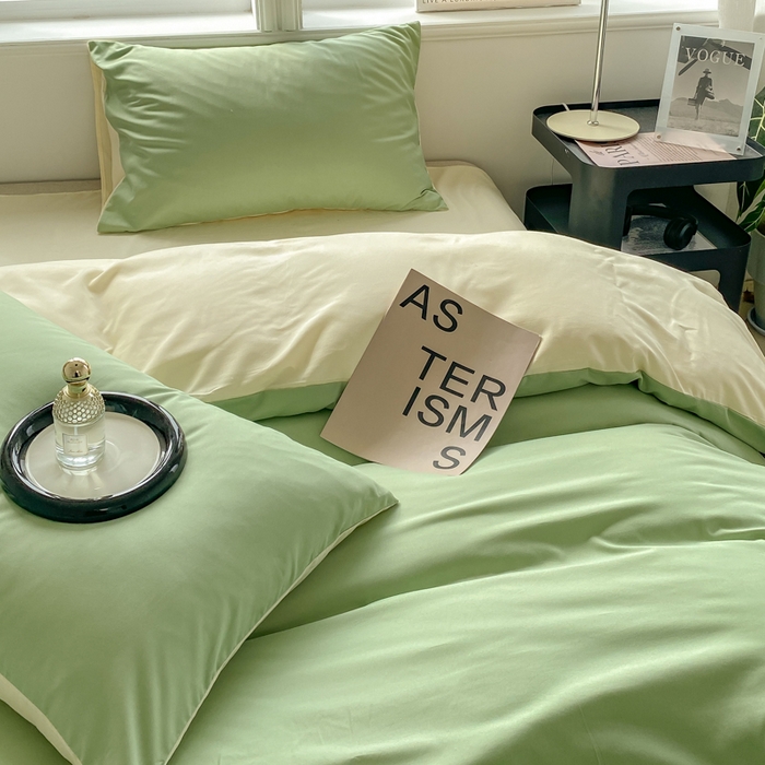 91家纺网 家纺一手货源 找家纺 芷凡家纺 2024新款亲肤棉纯色双拼四件套 果绿+米白